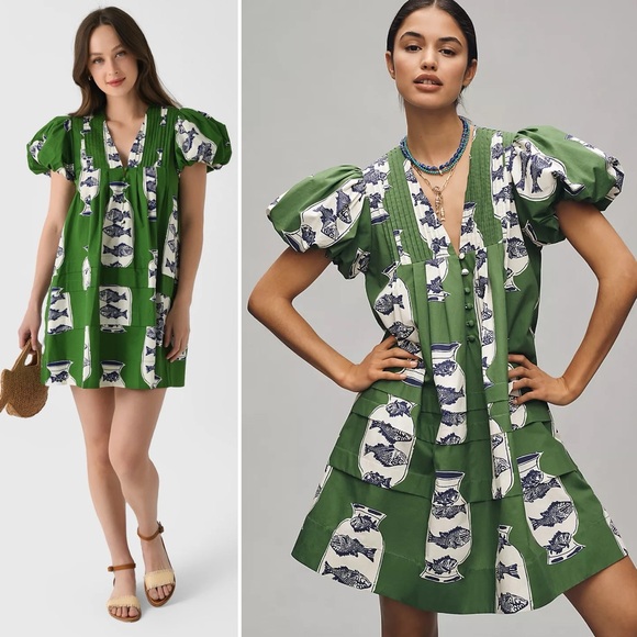 Hunter Bell Wilkes Dress Herring Green Puff Sleeve Cotton Size Medium NWT - Picture 4 of 17